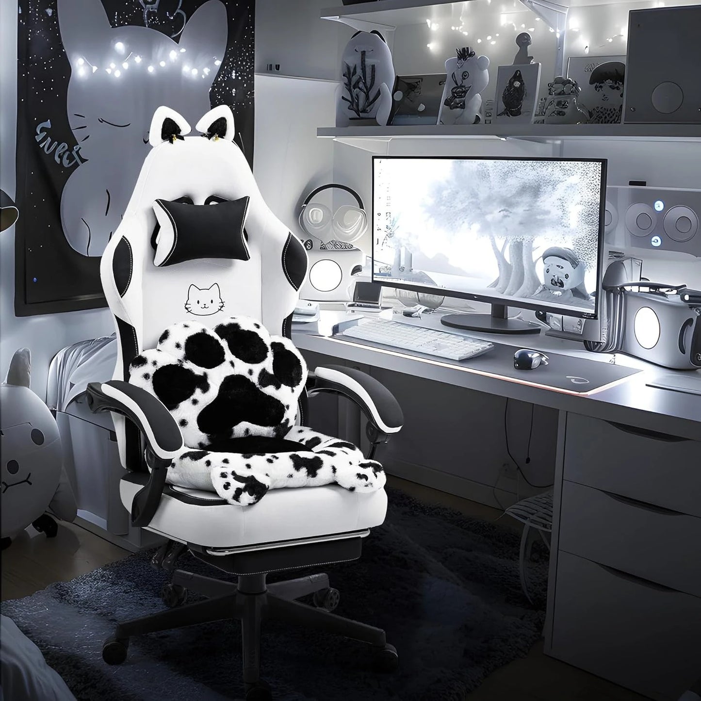 Gaming Chair Cute with Cat Ears Paw Lumbar and Cushion,Ergonomic Computer Chair with Footrest,Reclining PC Game Chair for Girl