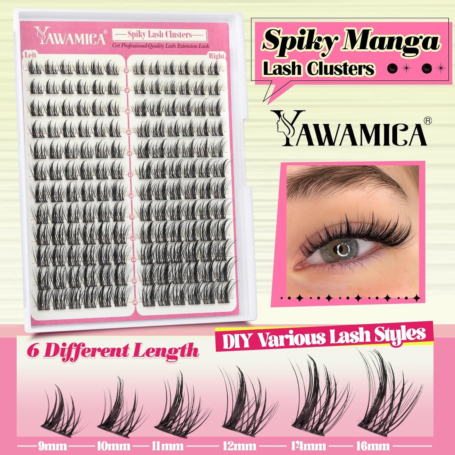 Yawamica Eyelash Clusters Manga Lashes Extension 9-16Mm Wispy Lash Clusters C Curl Individual Lashes 144 Pcs Spiky Cluster Eyelash Extensions Natural Cluster Lashes Waterproof DIY Anime Lash