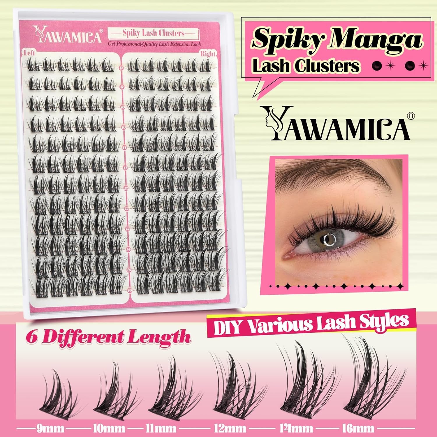 Yawamica Eyelash Clusters Manga Lashes Extension 9-16Mm Wispy Lash Clusters C Curl Individual Lashes 144 Pcs Spiky Cluster Eyelash Extensions Natural Cluster Lashes Waterproof DIY Anime Lash
