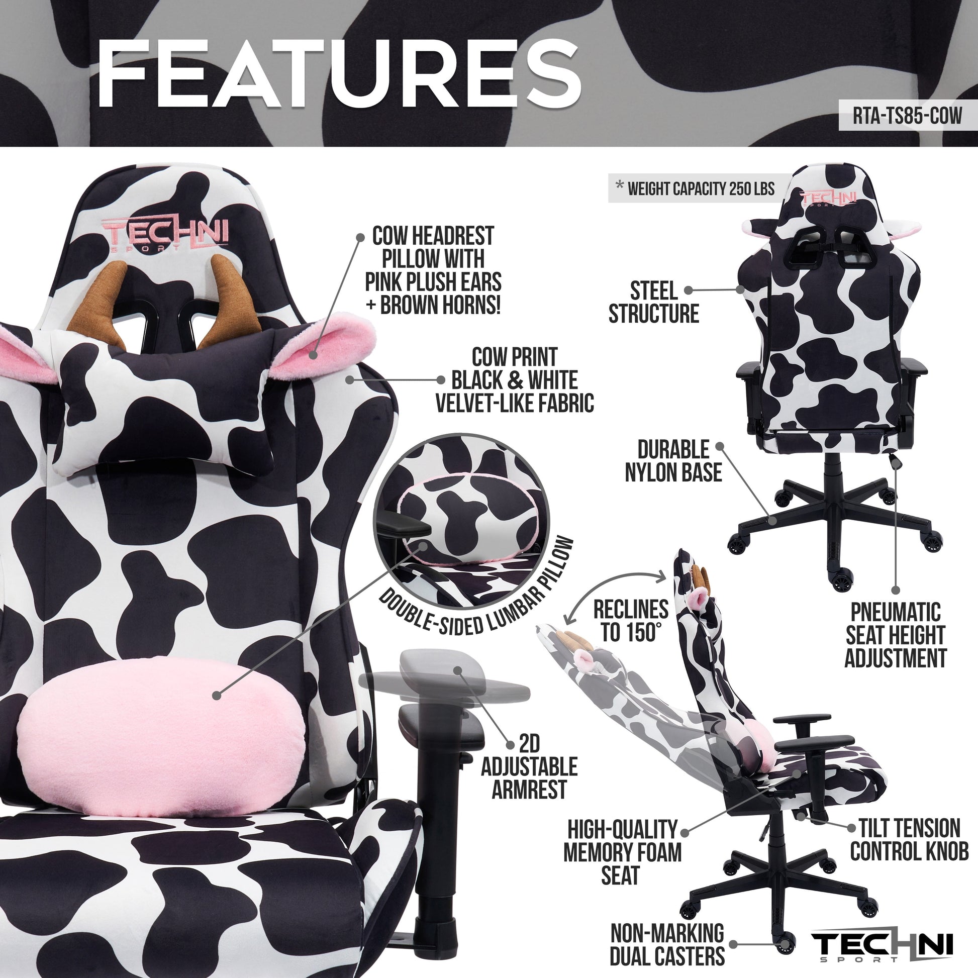 Techni Sport TS85 Luxx Series Gaming Chair with Memory Foam Seat, Black/White Cow Print RTA-TS85-COW