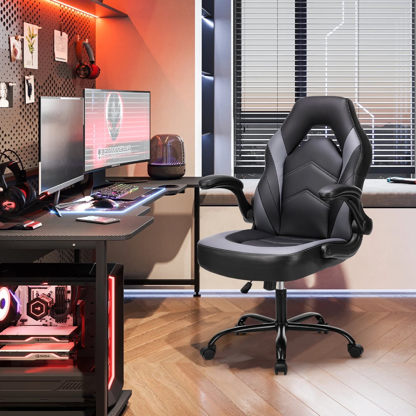 GIANNA Computer Gaming Chair, Ergonomic PU Leather Racing Chair with Flip-Up Armrest, Black Grey