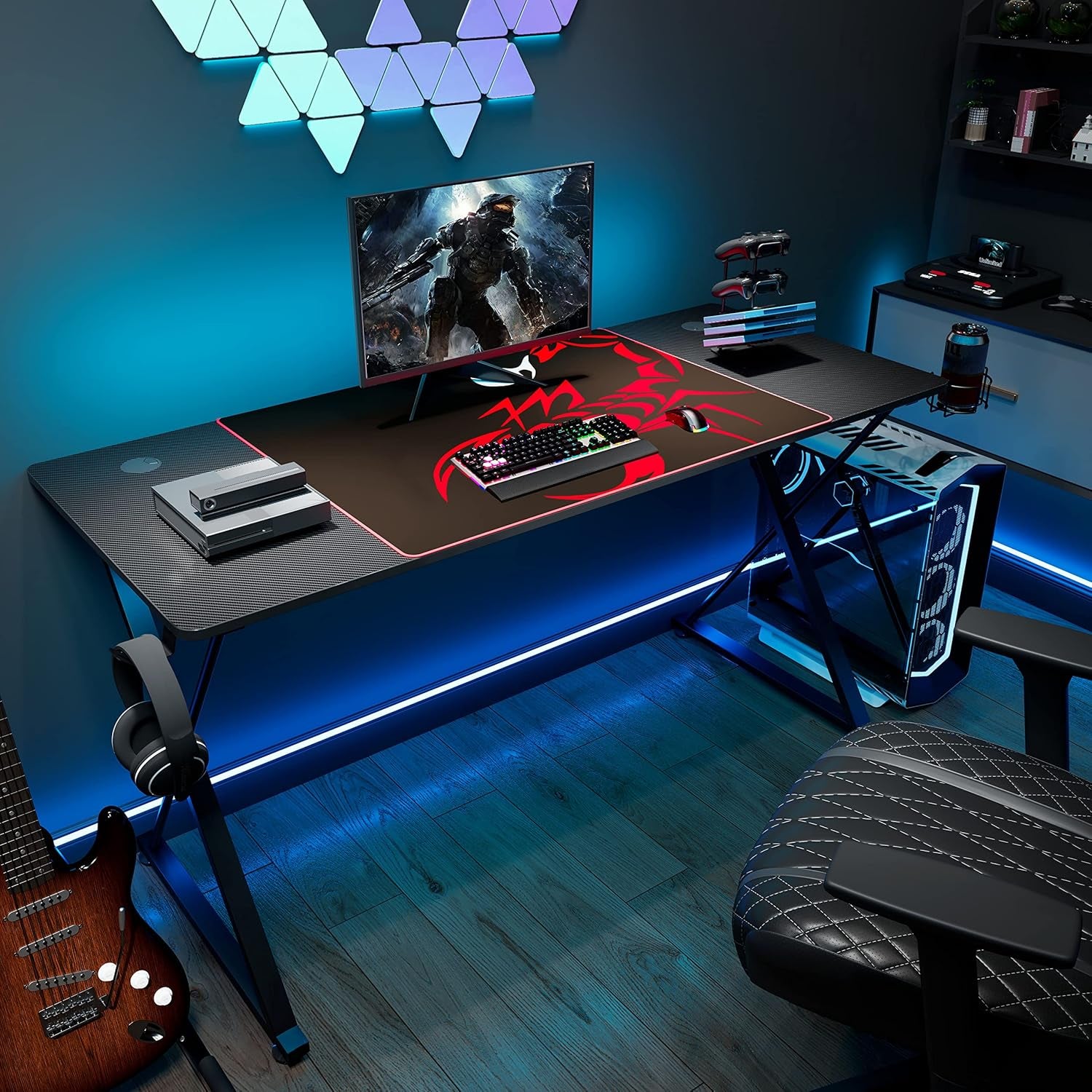 Gaming Desk 55 Inch,Pc Gaming Table, X Shaped Gaming Computer Desk with Mouse Pad, Carbon Fiber Home Office Gamer Desk with Cup Holder & Headphone Hook & Controller Stand,Black