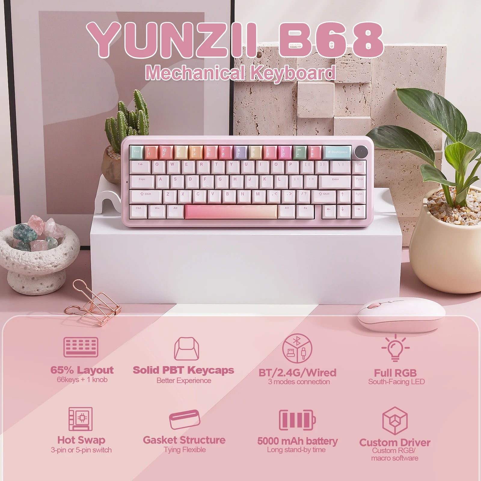 B68 Wireless Mechanical Gaming Keyboard, Tri-Mode Hot Swappable Cute Gasket Mounted Creamy Keyboard for Win/Mac,