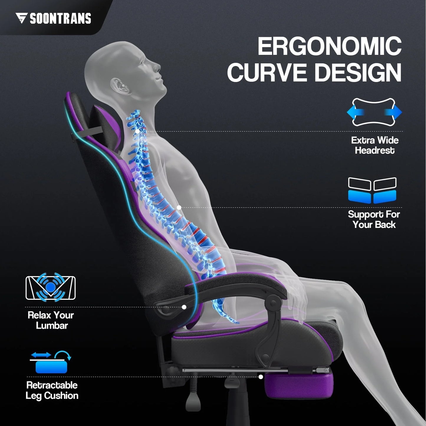 Gaming Chair Office Chair with Footrest, Computer Chair with Massage Lumber Pillow, High Back Ergonomic Gamer Chairs, Swivel Game Desk Chair, Purple