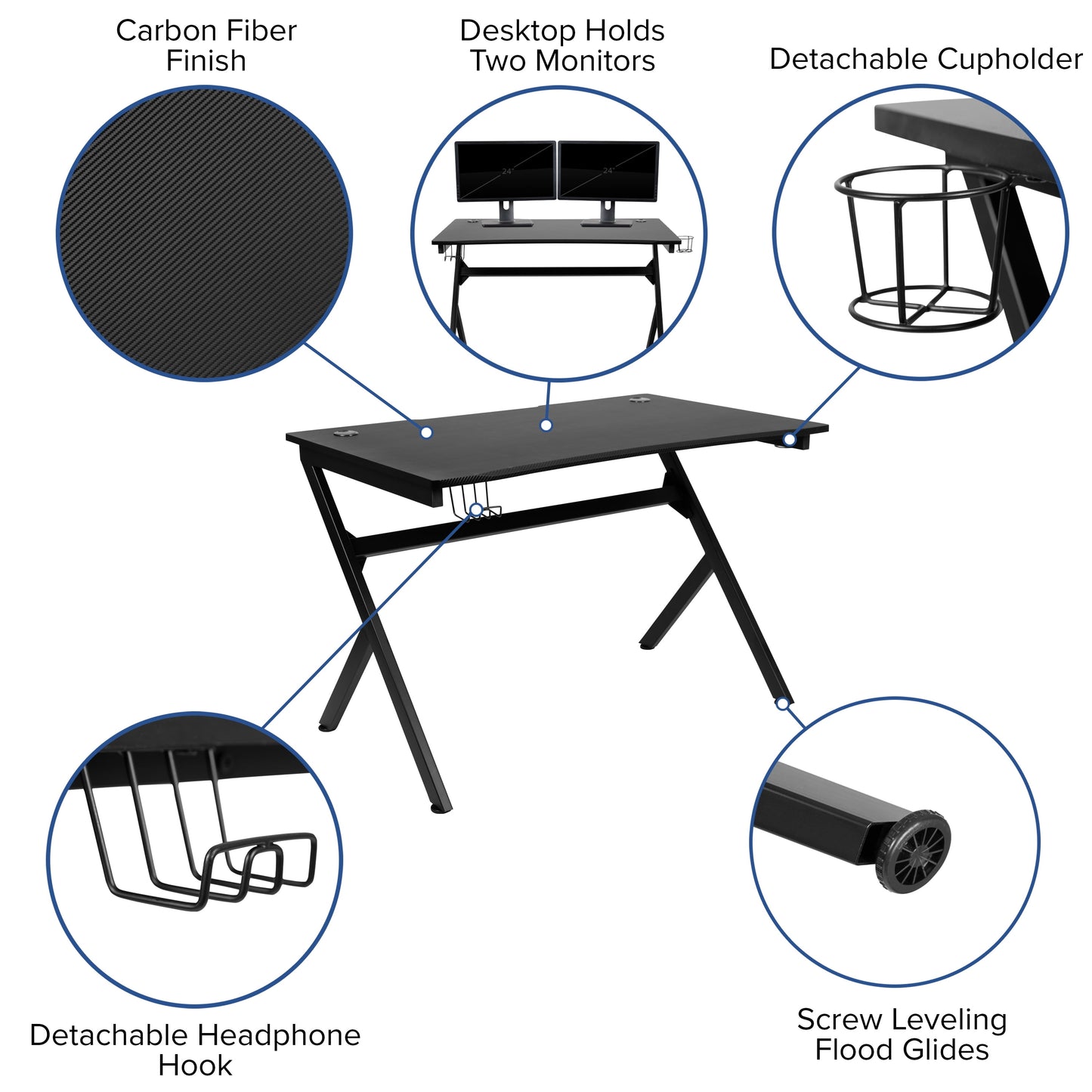 Emma + Oliver Black Computer Table Gaming Desk - Headphone Holder and 2 Cable Management Holes