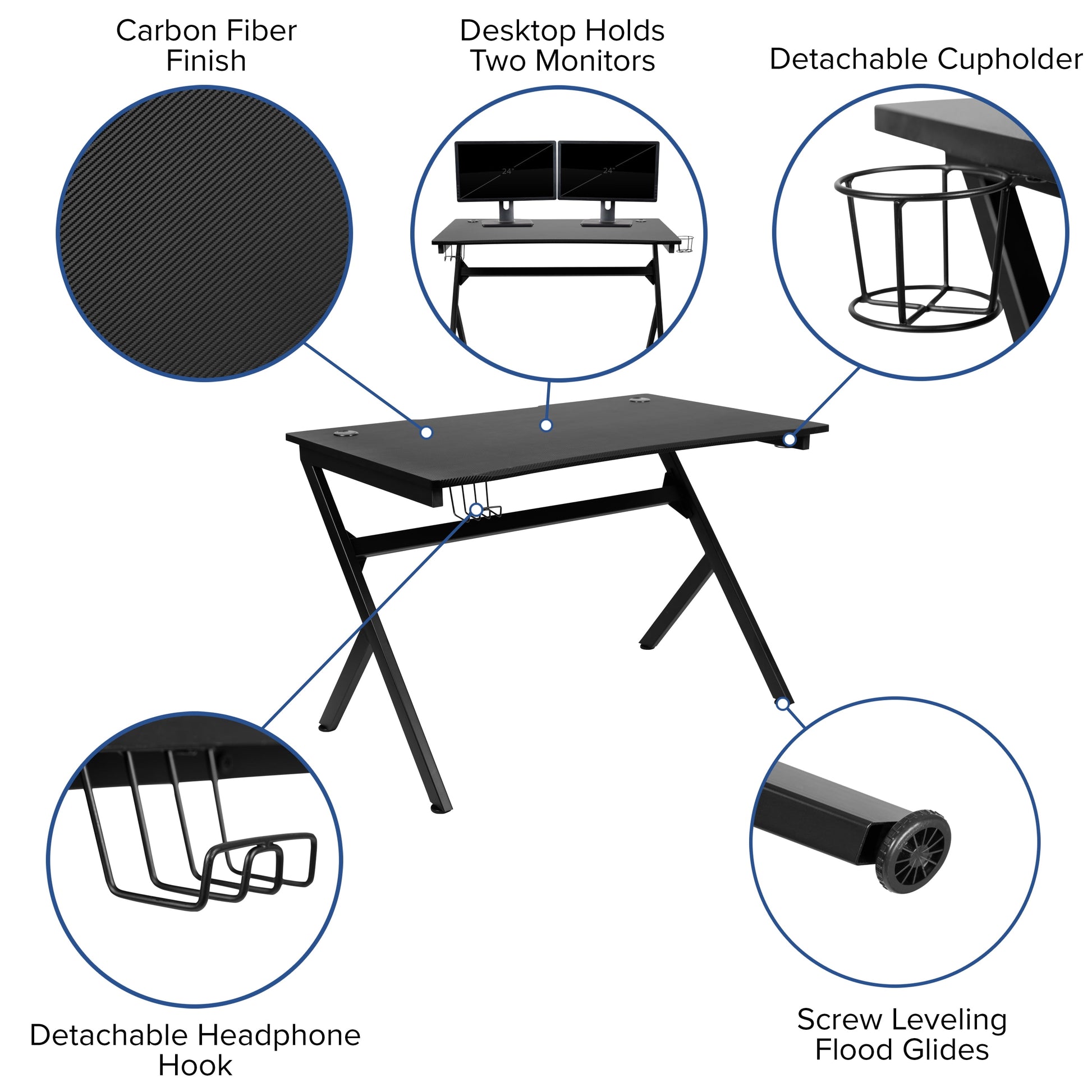 Emma + Oliver Black Computer Table Gaming Desk - Headphone Holder and 2 Cable Management Holes