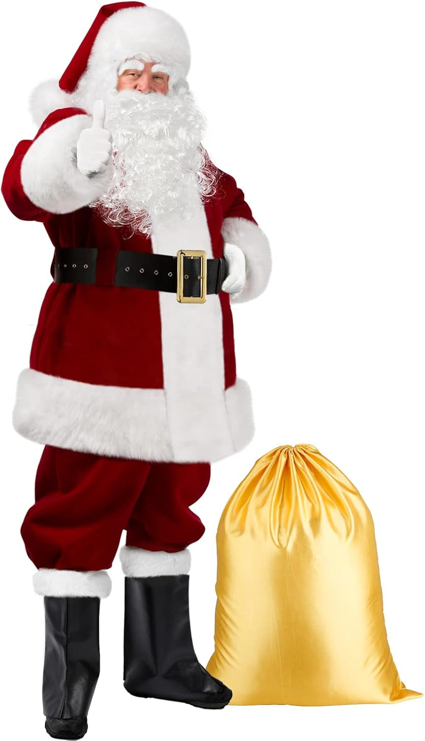 Deluxe Santa Claus Costume for Men - 9Pcs Classic Santa Suit Outfit for Adults
