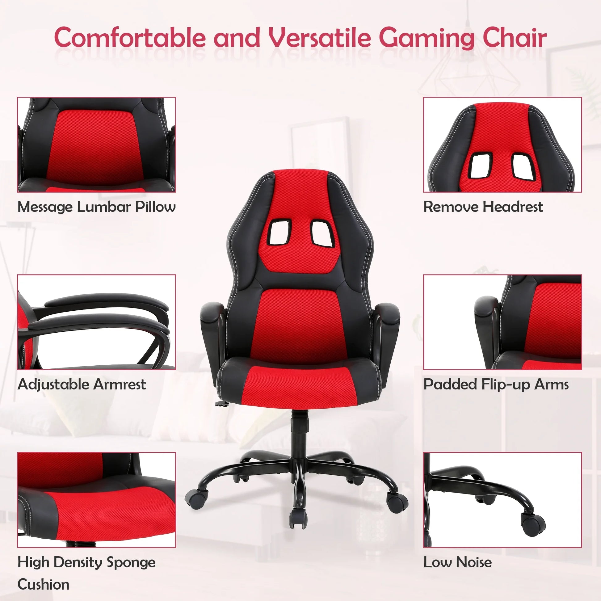 Gaming Chair PC Gaming Chair Gaming Chairs for Adults, Computer Chair PU Leather Office Desk Chair with Arms & Back Ergonomic High-Back Video Game Chair(Red）