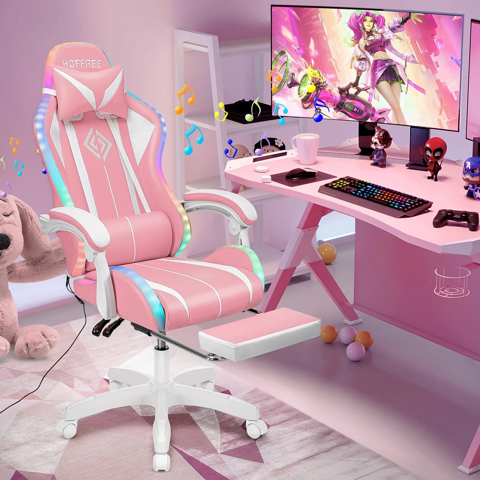 Gaming Chair with Bluetooth Speakers and Footrest Massage Office Chair with LED Lights Ergonomic Game Chair High Back with Lumbar Support and Headrest Adjustable Swivel for Adults 300Lb