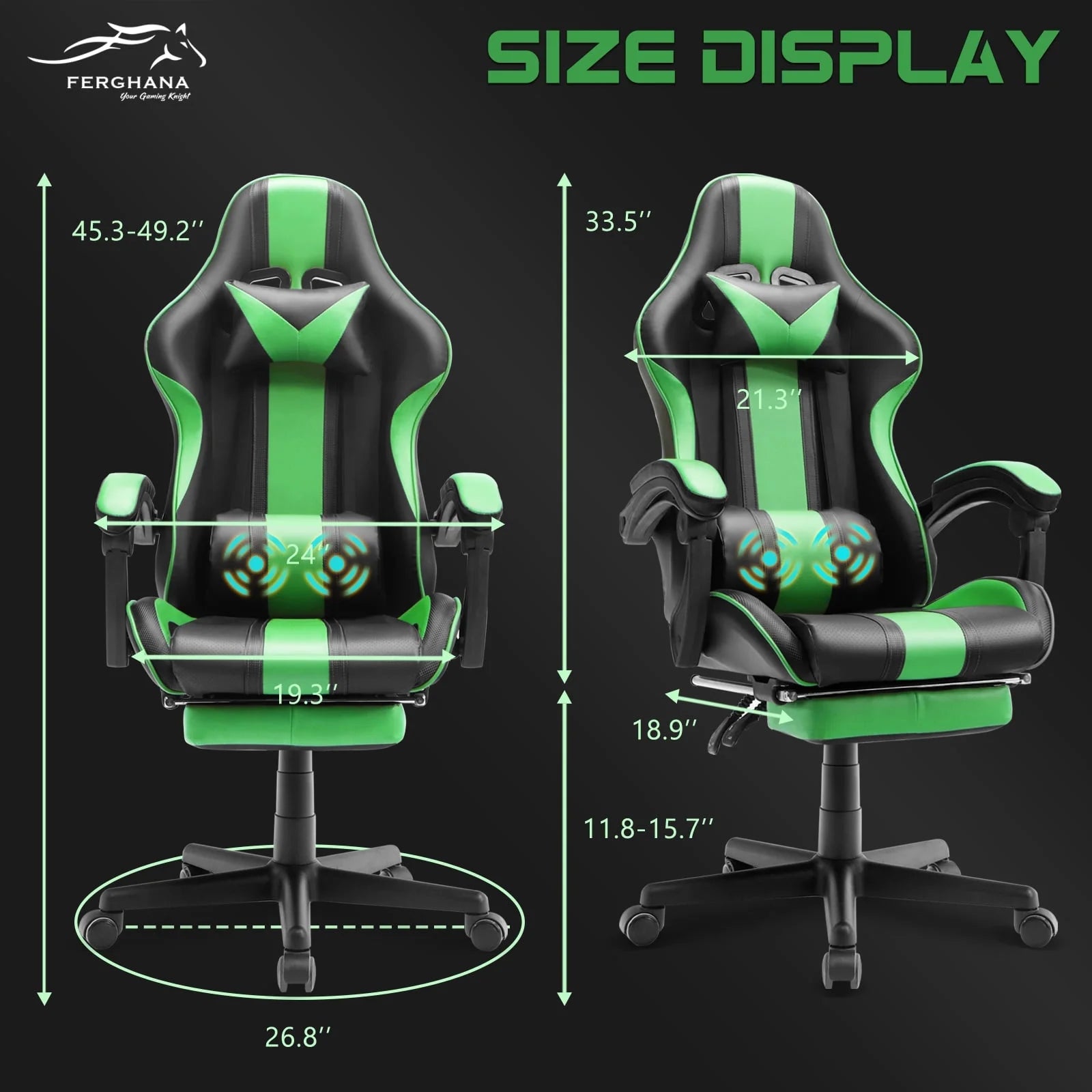 SOONTRANS Ergonomic High Back Gaming Chair with Footrest & Massage Lumbar Pillow, Green
