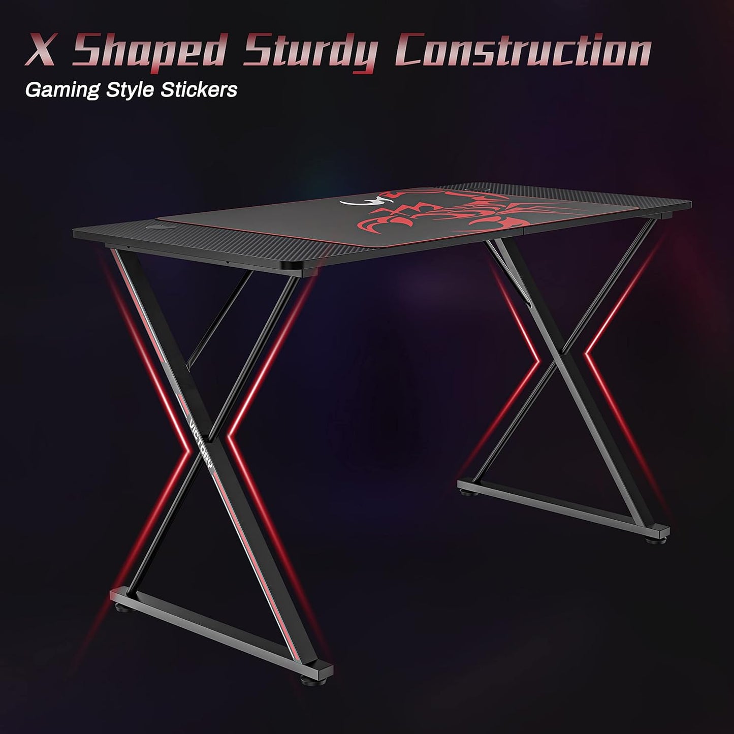 Gaming Desk 55 Inch,Pc Gaming Table, X Shaped Gaming Computer Desk with Mouse Pad, Carbon Fiber Home Office Gamer Desk with Cup Holder & Headphone Hook & Controller Stand,Black