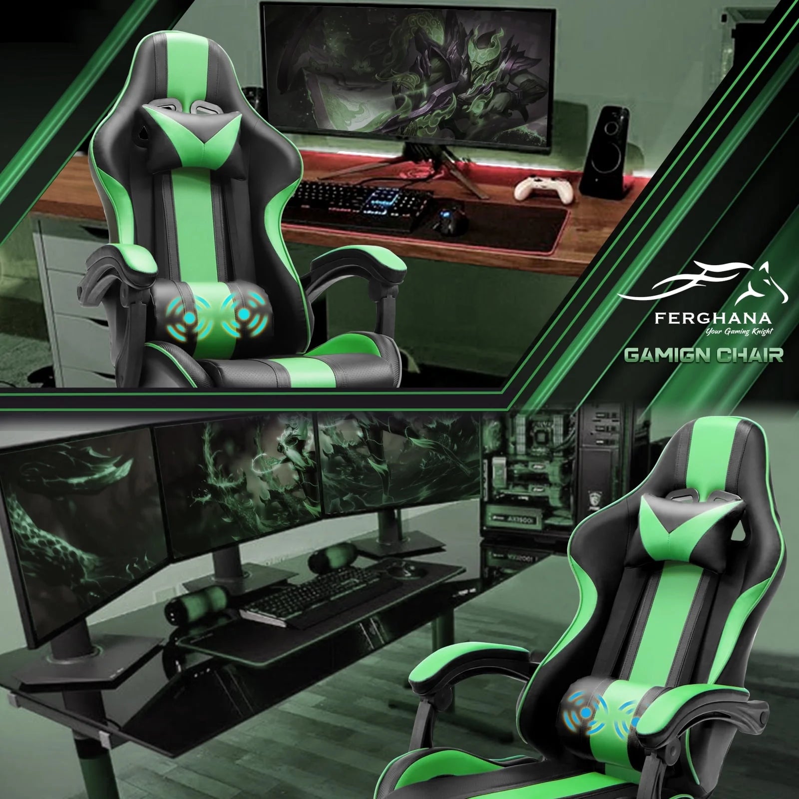 SOONTRANS Ergonomic High Back Gaming Chair with Footrest & Massage Lumbar Pillow, Green