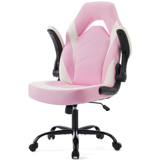 Computer Gaming Desk Chair - Ergonomic Office Executive Adjustable Swivel Task PU Leather Racing Chair with Flip-Up Armrest, Pink White