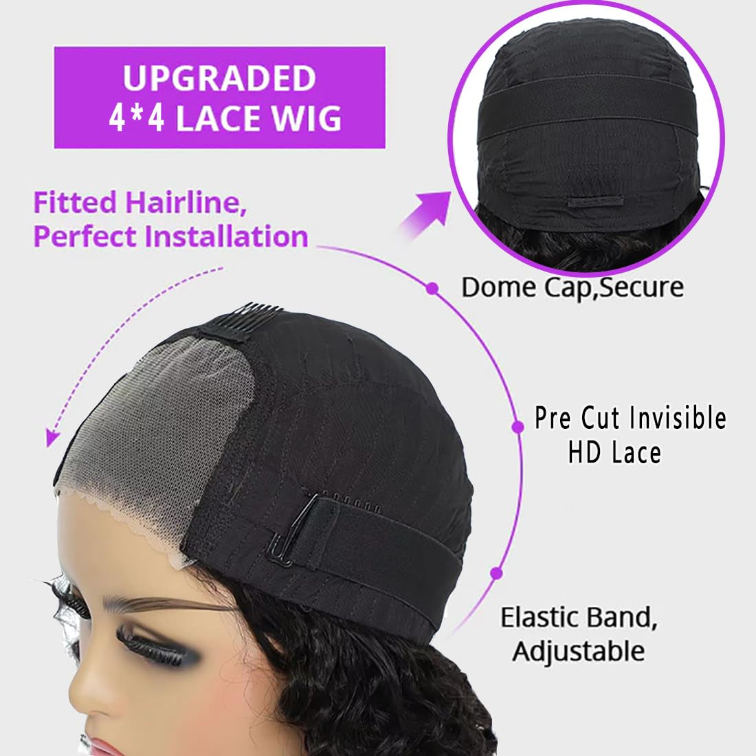 Wear and Go Glueless Wigs Human Hair Pre Plucked Pre Cut for Beginners Deep Wave Lace Front Wigs Human Hair 4X4 HD Lace Closure Deep Curly Wigs Human Hair for Women 18 Inch 180% Density