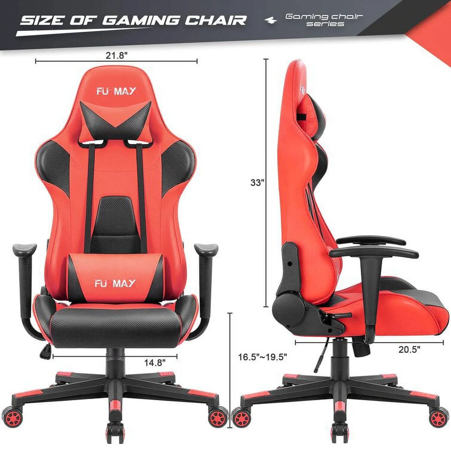 High-Back Gaming Office Chair Ergonomic Racing Style Adjustable Height Executive Computer Chair with Adjustable Headrest and Lumbar Pillow, Black/Red