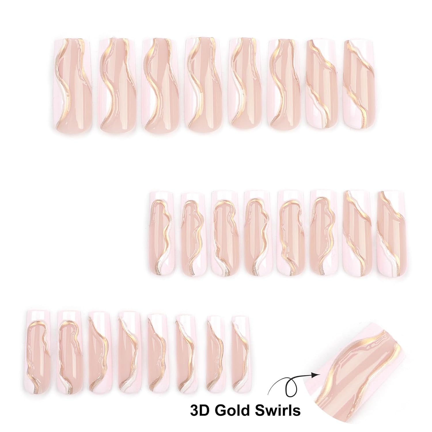 Press on Nails Extra Long - Aegenacess Square Press on Nails with 3D Gold Swirls, White and Nude Fake Nails with Glue Sticker, Handmade Stick on Nails False Nail in 12 Sizes, 24Pcs