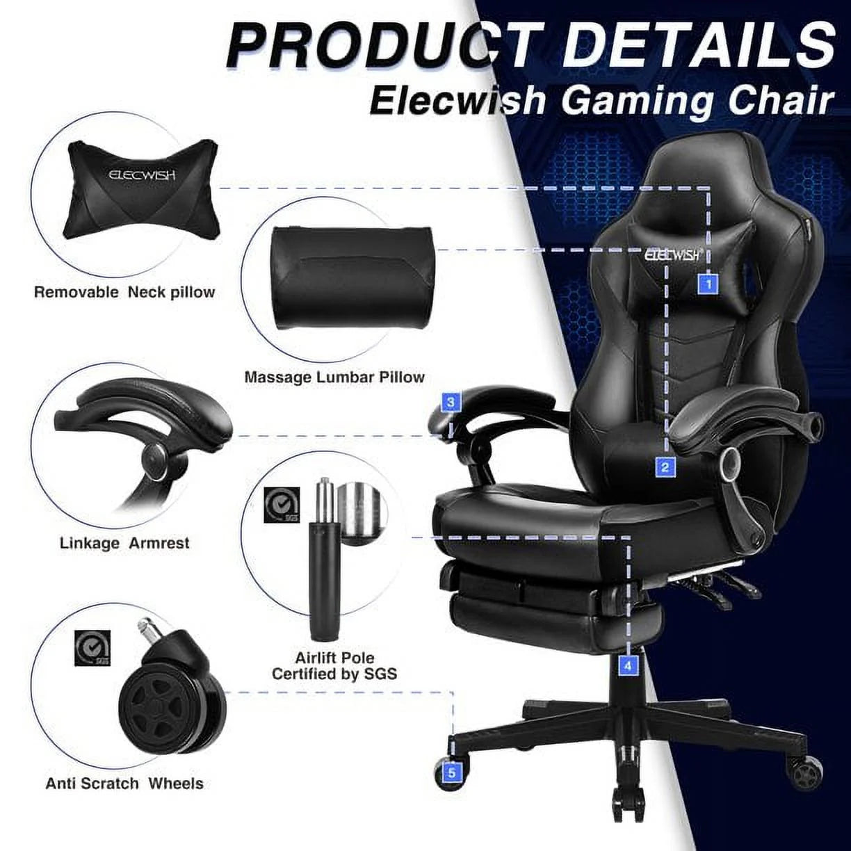 Racing Style Reclining Gaming Chair High Back Large Size Ergonomic Adjustable Swivel Computer Chair with Footrest Headrest and Lumbar Support PU Leather Executive Office Chair (Black)