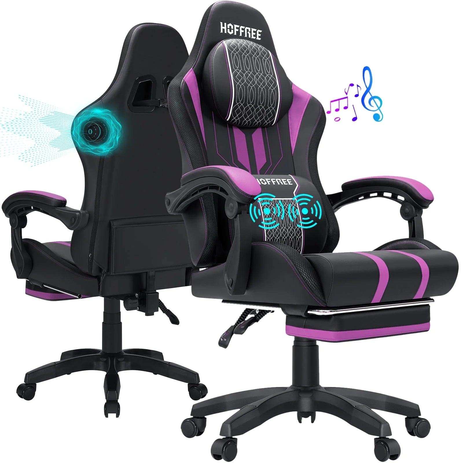 Hoffree Gaming Chair with Bluetooth Speakers Big and Tall Gamer Chair with Footrest and Massage Game Chair with Lumbar Support and 360-Swivel Seat and Headrest for Adults, 400Lbs