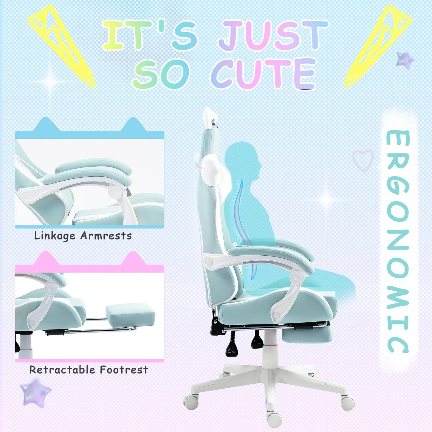 Cute Cat-Ear Gaming Chair with Massaging Lumbar Support, Ergonomic Computer Gaming Chair for Girl and Adults, Reclining Comfort Game Chairs with Footrest, Blue