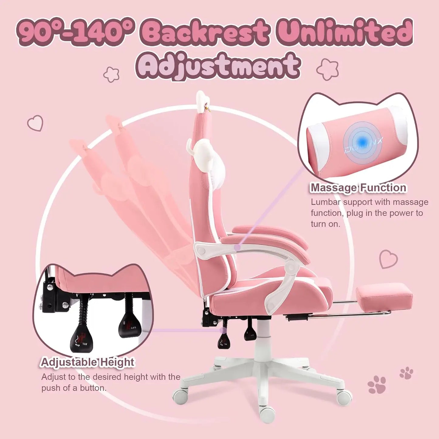 Game Chair, Equipped with Cat Ears and Massage Lumbar Support, with Foot Pedals and Headrest, Recliner Weighing 290 Pounds, Pink