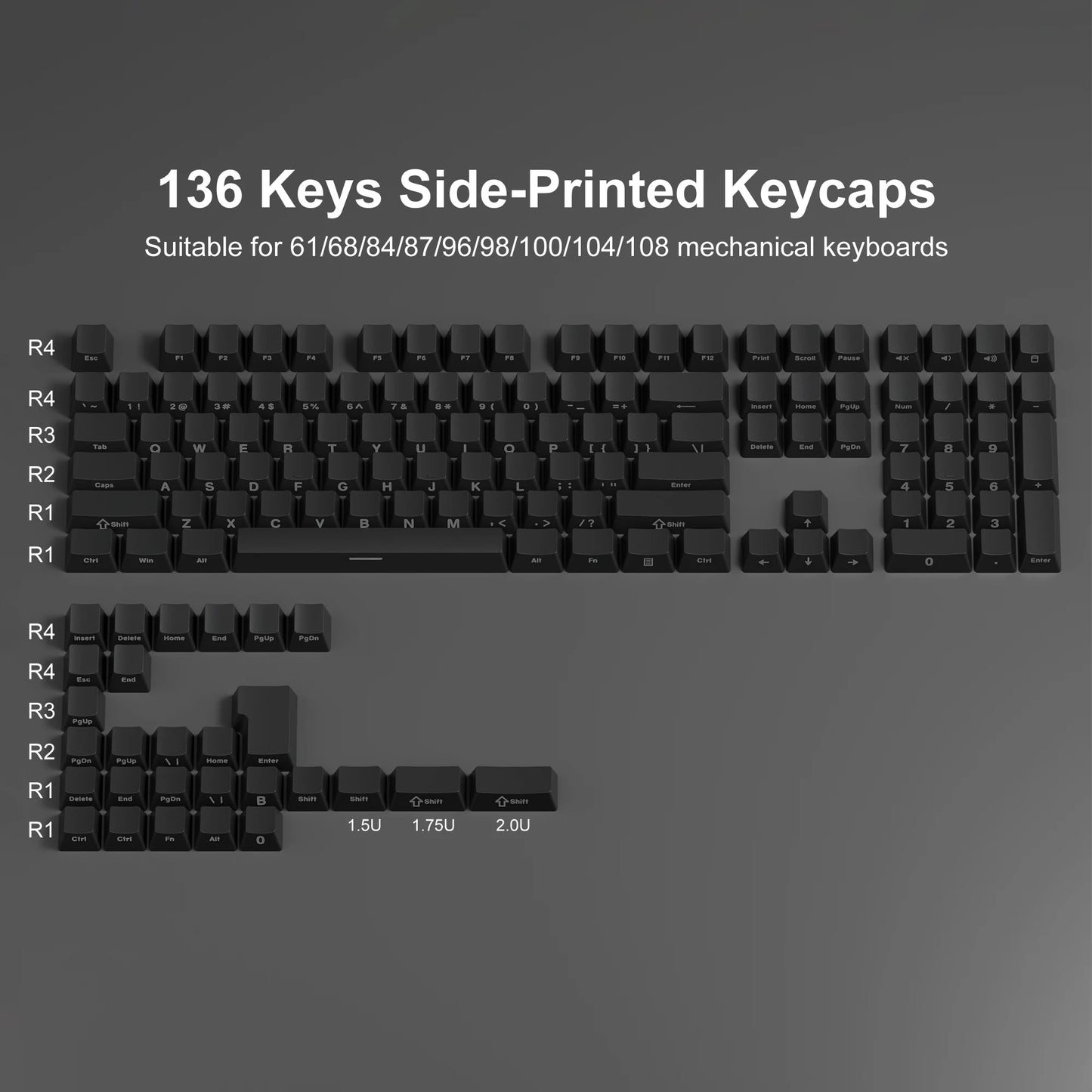 134 Key Black Topographic 4.0 PBT Keycaps Double Shot Side Print Shine through Backlit Key Caps for MX Gamer Mechanical Keyboard