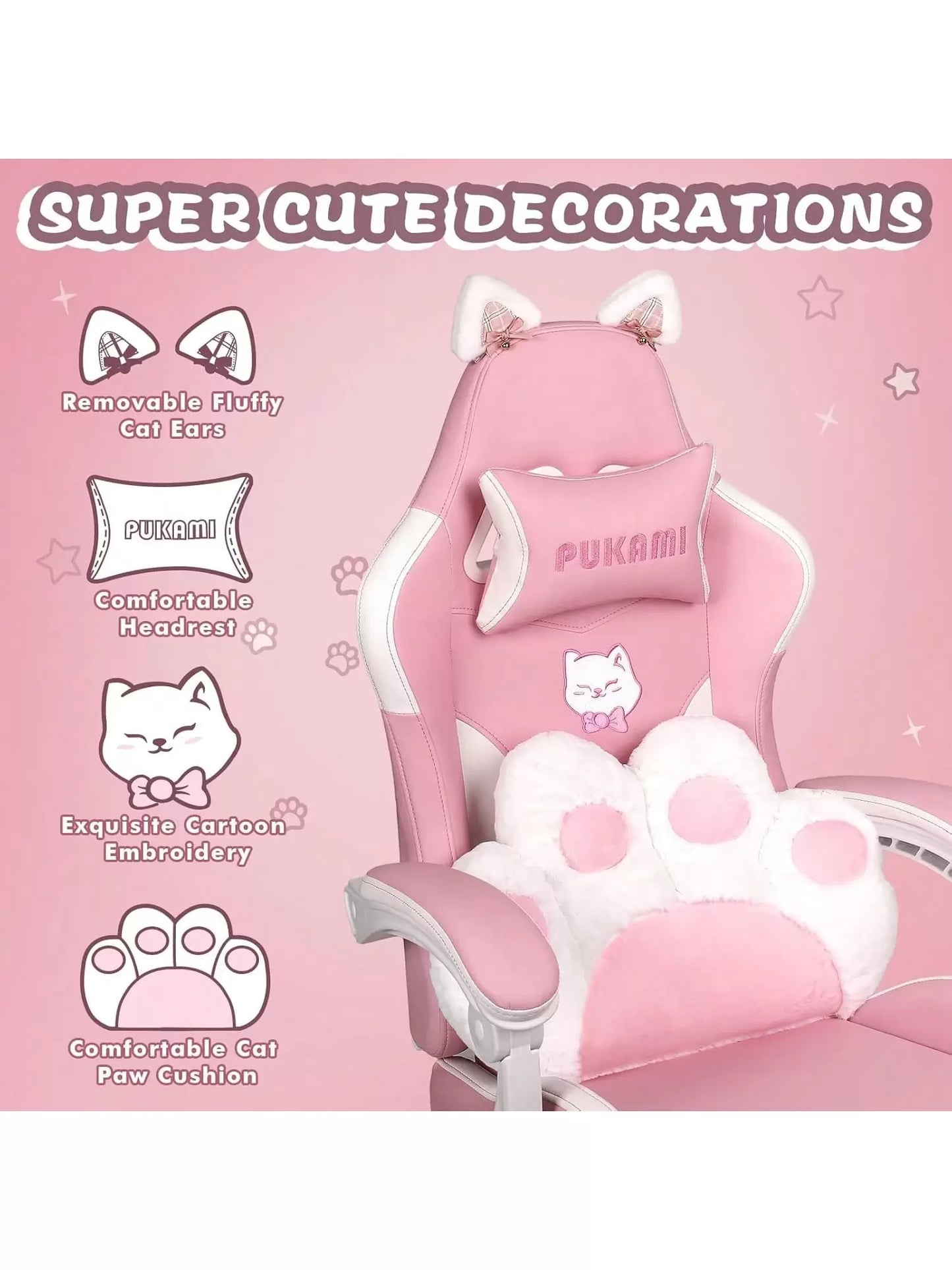 VITESSE Pink Gaming Chair | Cat Ears, Cat Paw Cushion Pillow, Footrest, Ergonomic, Kawaii, Reclining | Girl, Cute Video Gme Chair, Gift for Girls, Christmas Thanksgiving Cyber Monday Gift
