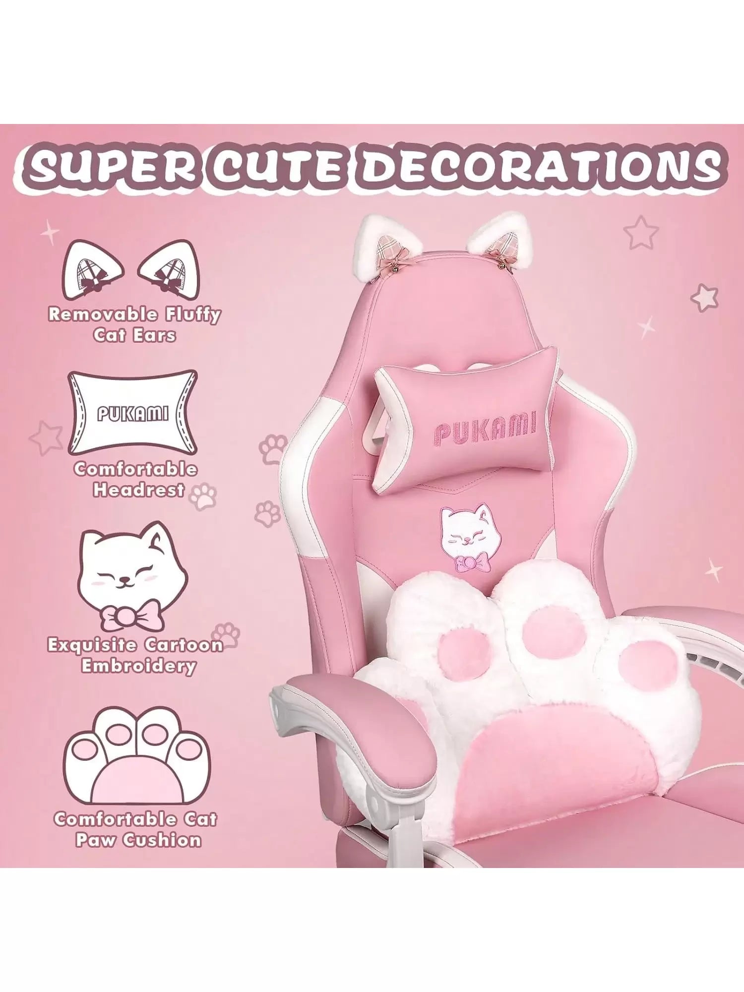 VITESSE Pink Gaming Chair | Cat Ears, Cat Paw Cushion Pillow, Footrest, Ergonomic, Kawaii, Reclining | Girl, Cute Video Gme Chair, Gift for Girls, Christmas Thanksgiving Cyber Monday Gift