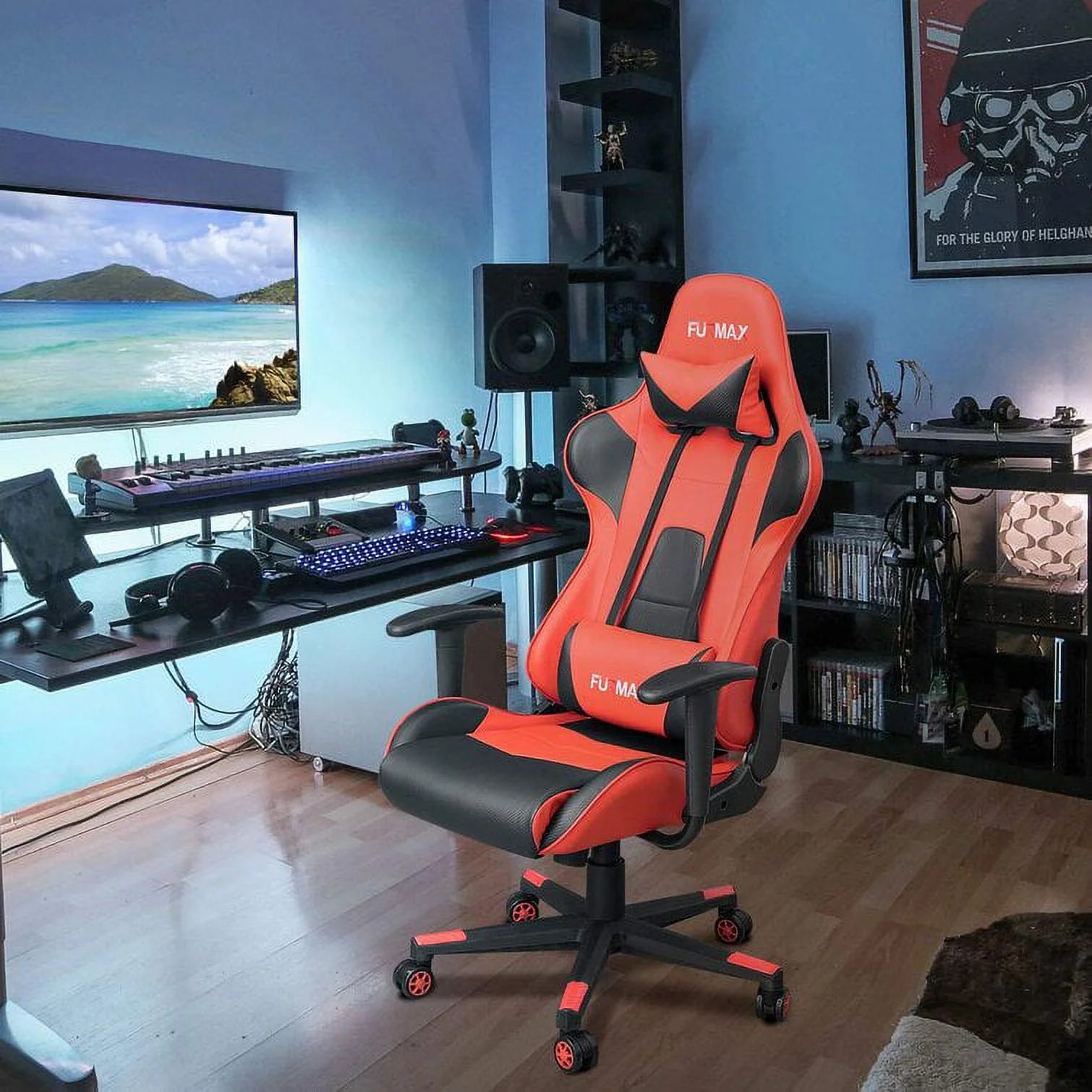 High-Back Gaming Office Chair Ergonomic Racing Style Adjustable Height Executive Computer Chair with Adjustable Headrest and Lumbar Pillow, Black/Red