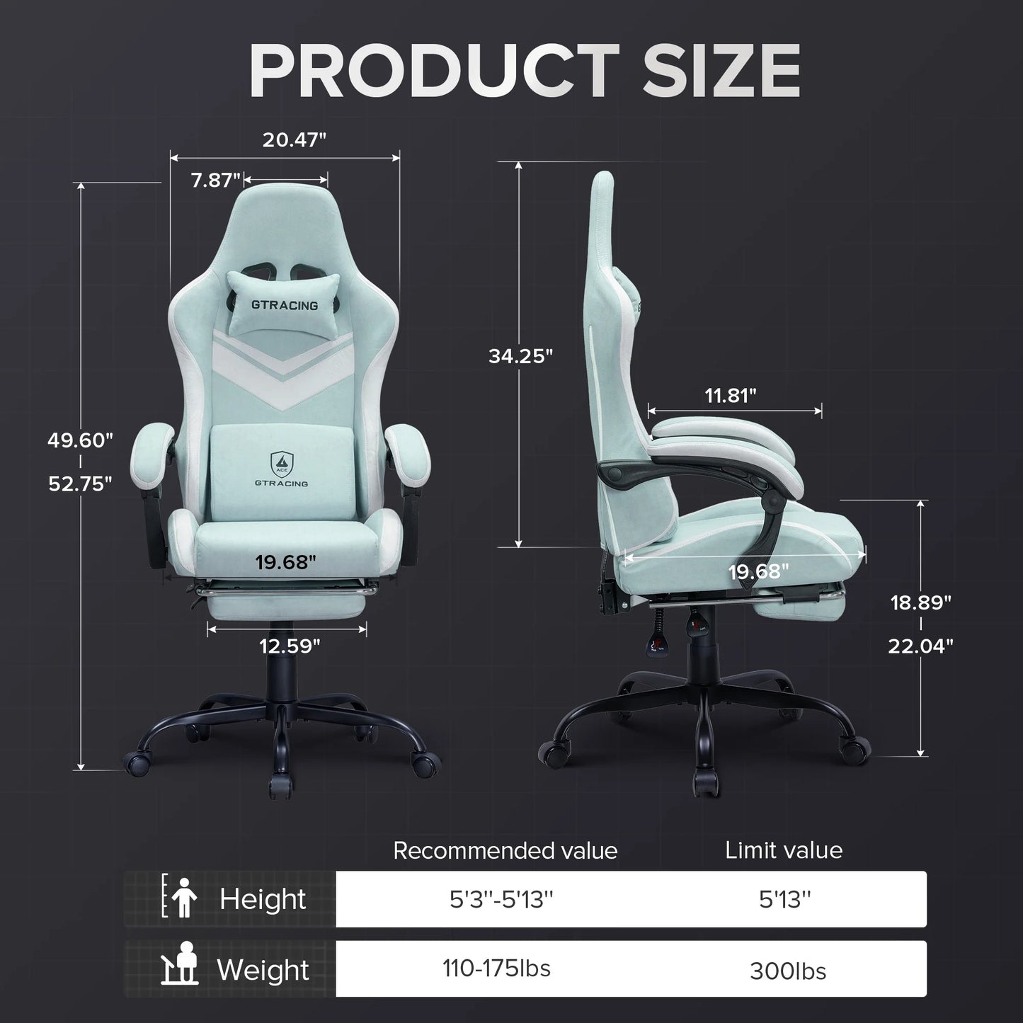 GTRACING GTW-300 Ergonomic Adjustable Height Reclining Fabric Gaming Chair, Green