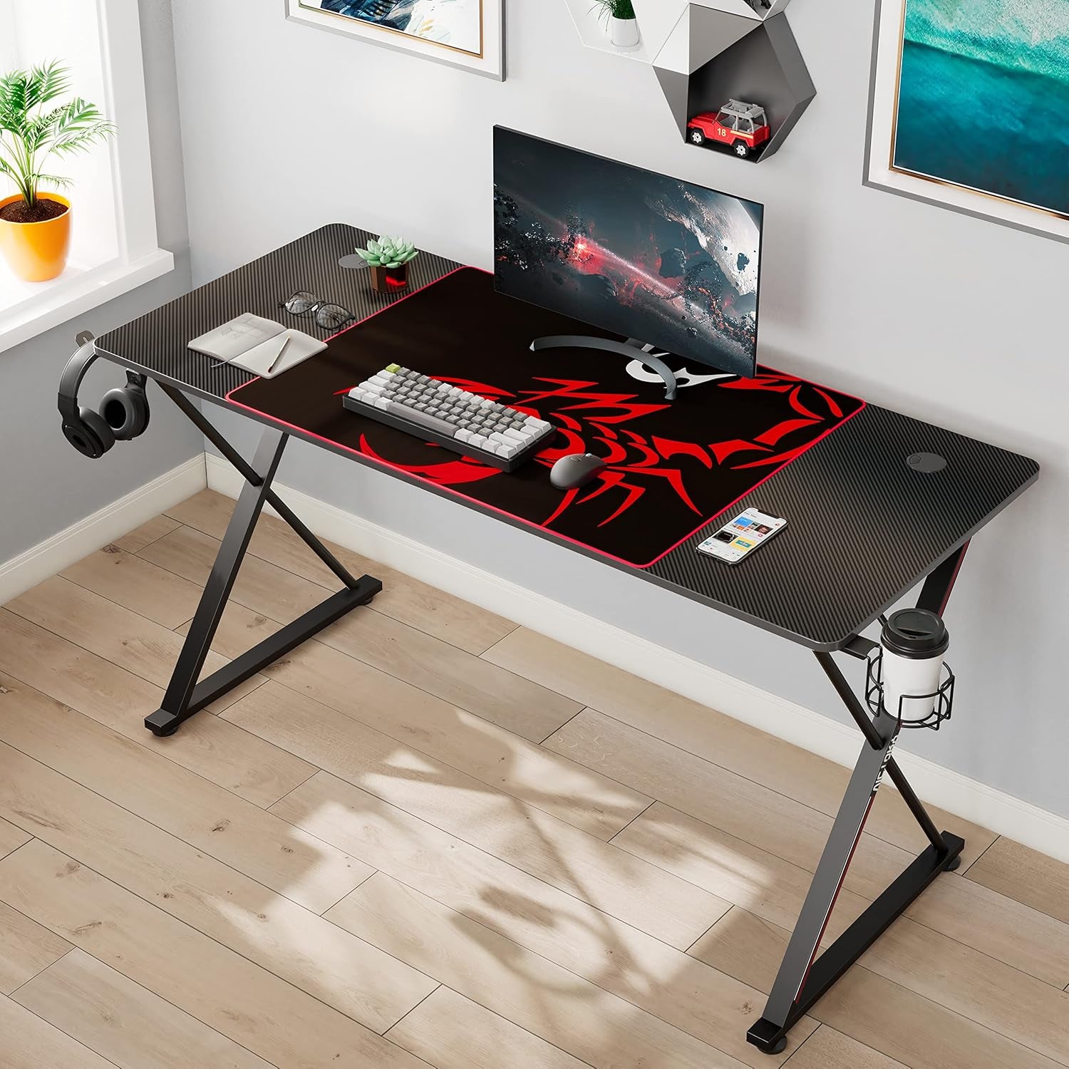 Gaming Desk 55 Inch,Pc Gaming Table, X Shaped Gaming Computer Desk with Mouse Pad, Carbon Fiber Home Office Gamer Desk with Cup Holder & Headphone Hook & Controller Stand,Black