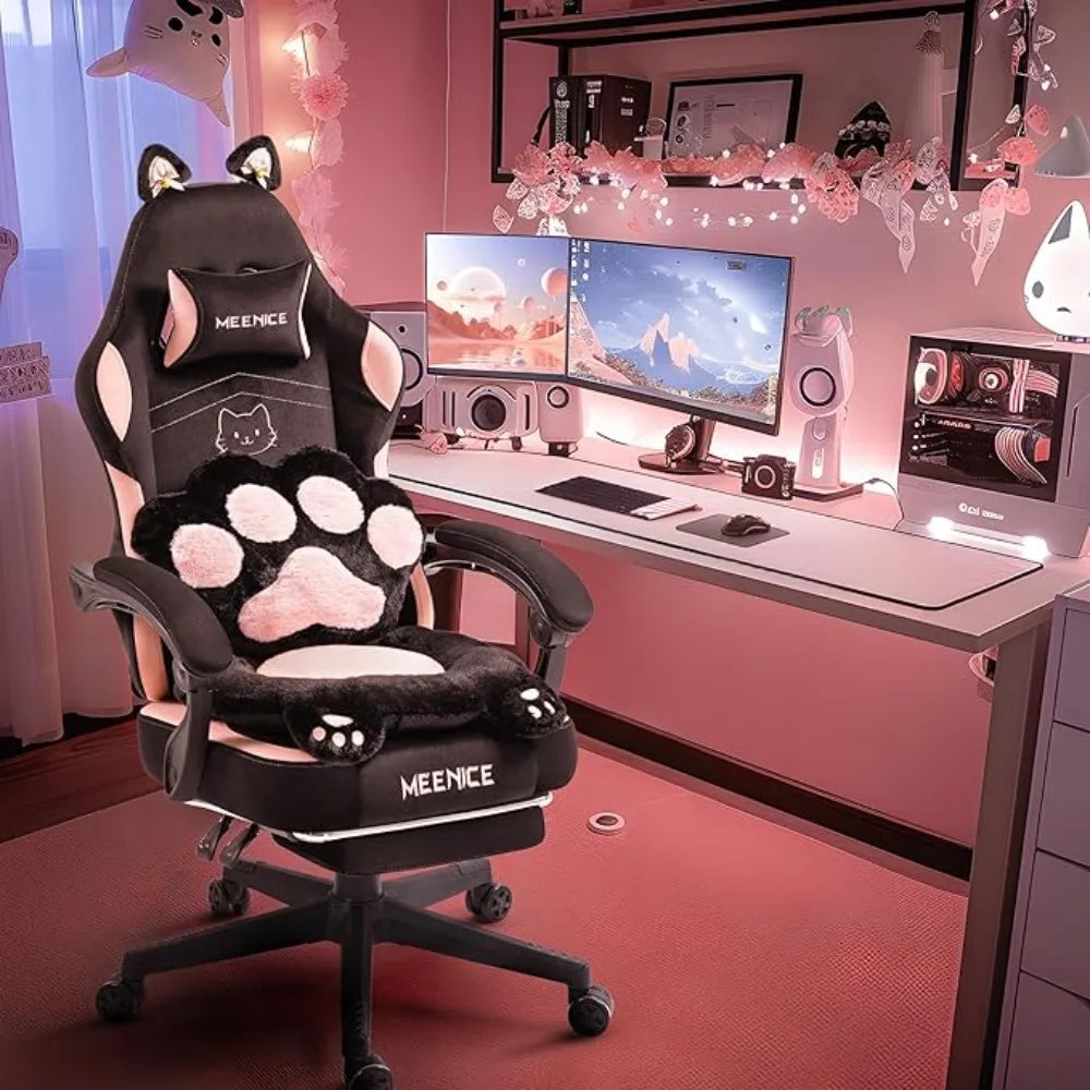 Gaming Chair, Cute with Cat Ears Paw Lumbar and Cushion,Ergonomic Computer Chair with Footrest, Reclining, Computer Chair