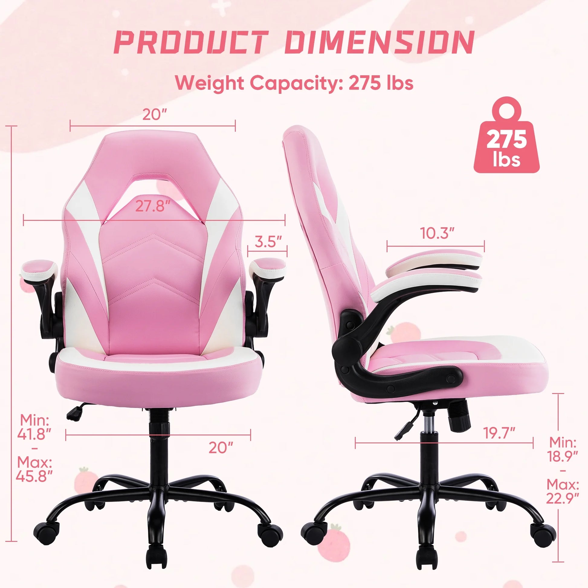 Computer Gaming Desk Chair - Ergonomic Office Executive Adjustable Swivel Task PU Leather Racing Chair with Flip-Up Armrest, Pink White