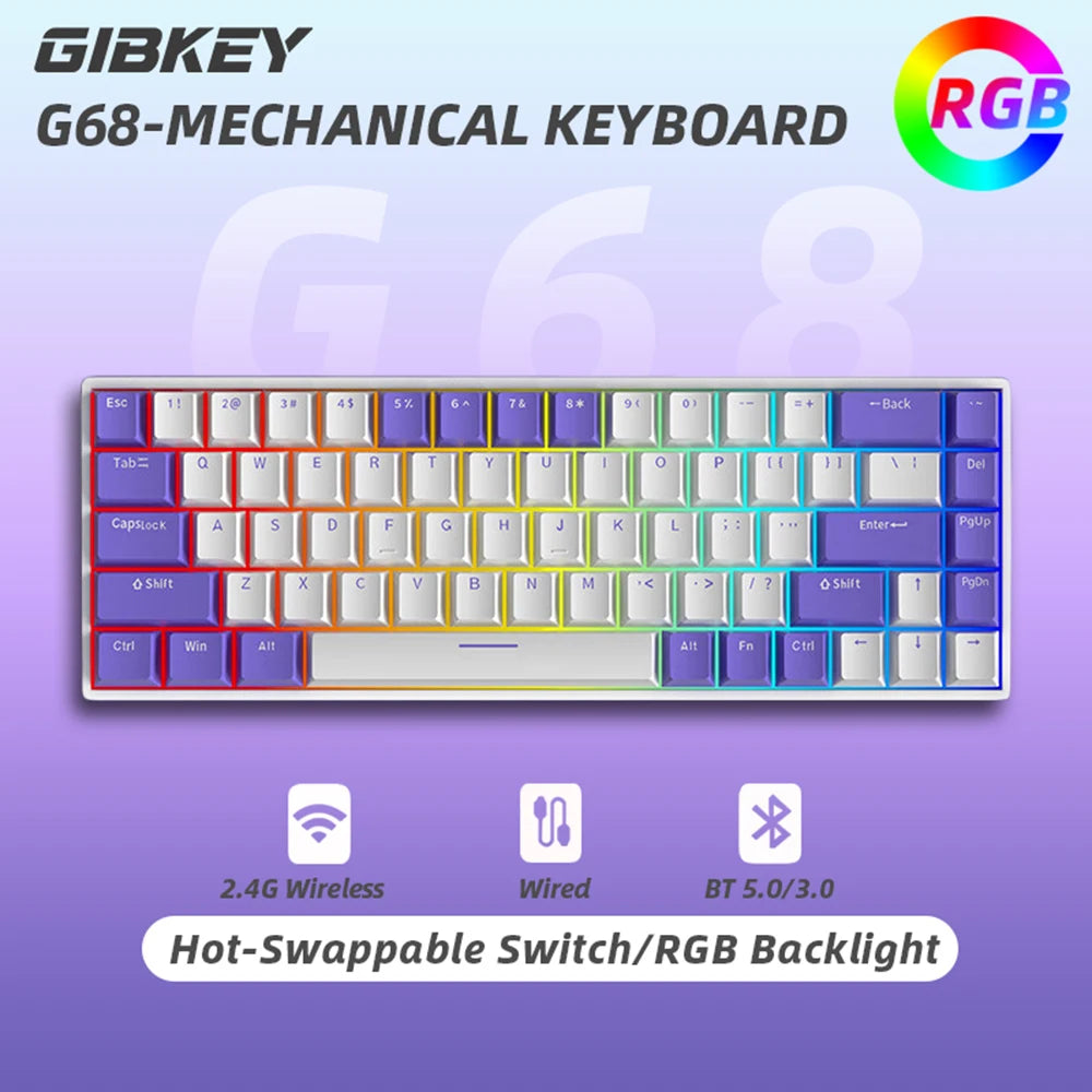G68 Bluetooth Wireless Gaming Mechanical Keyboard Custom RGB Light Hot-Swappable Switch 68 Keys for Tablet Computer Work Gamer