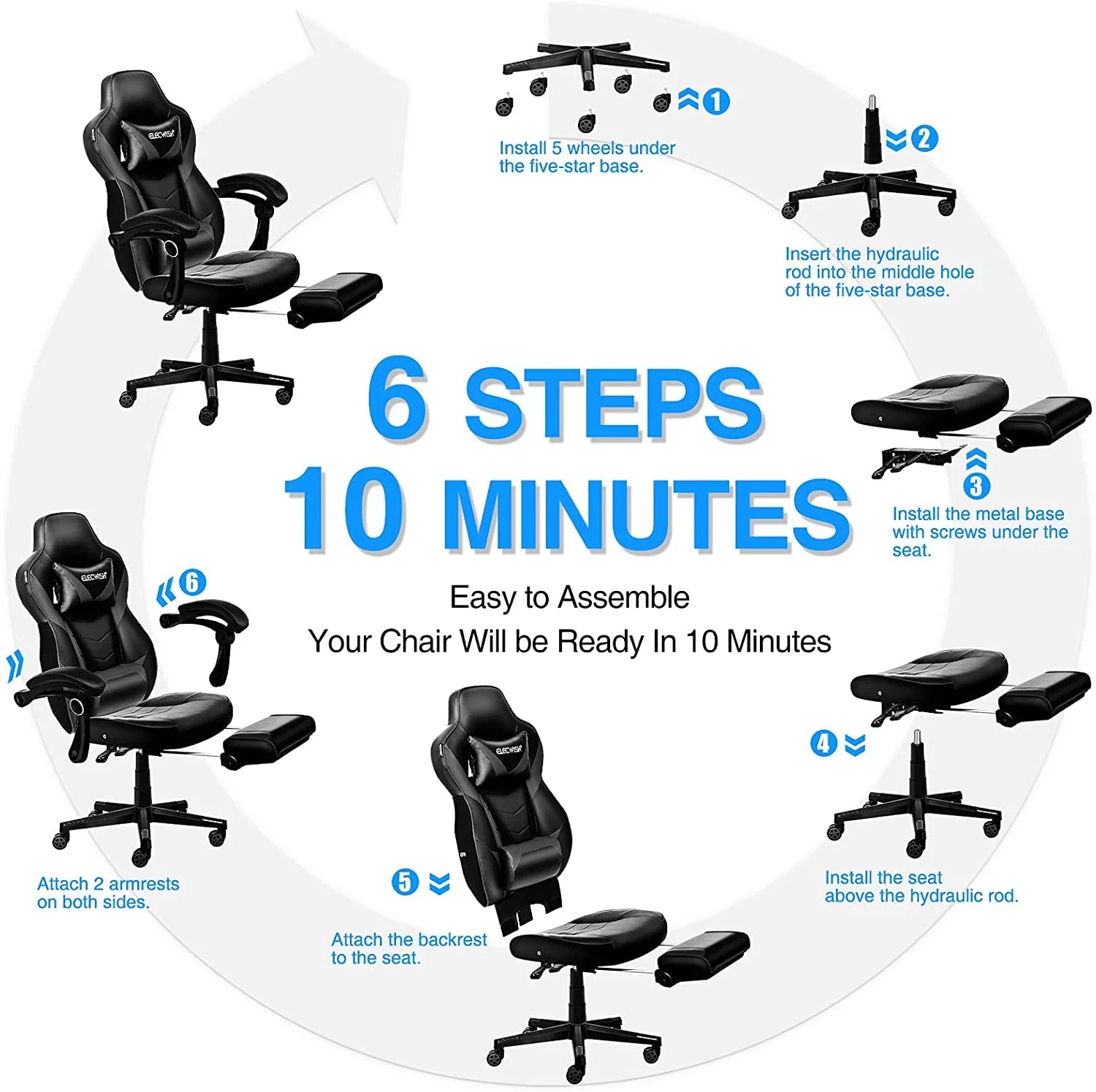 Racing Style Reclining Gaming Chair High Back Large Size Ergonomic Adjustable Swivel Computer Chair with Footrest Headrest and Lumbar Support PU Leather Executive Office Chair (Black)