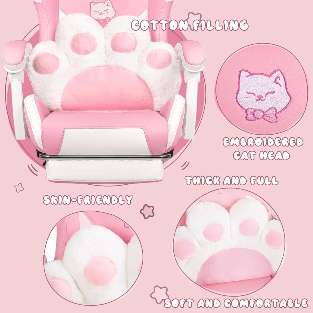 Gaming Chair Cute with Cat Ears and Cat Paw Lumbar Cushion, Ergonomic Computer Chair for Girl with Footrest and Headrest