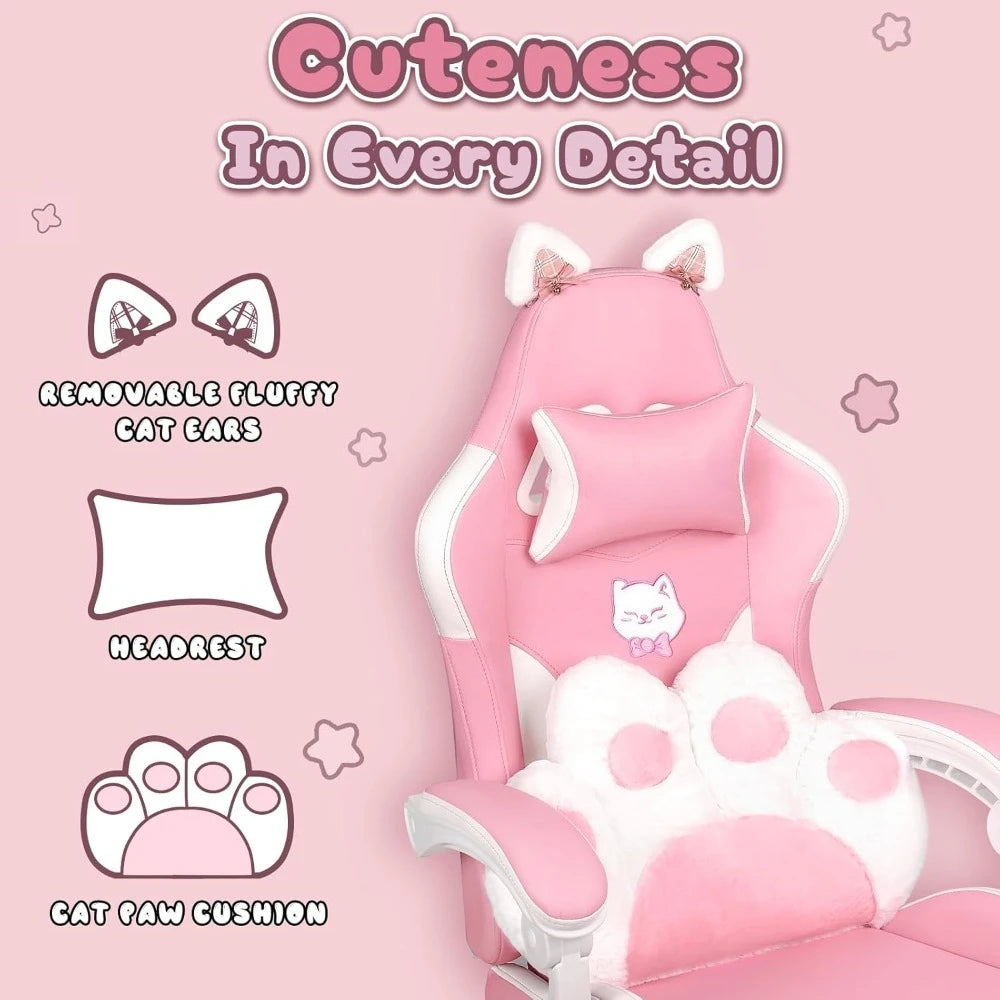 Gaming Chair Cute with Cat Ears and Cat Paw Lumbar Cushion, Ergonomic Computer Chair for Girl with Footrest and Headrest