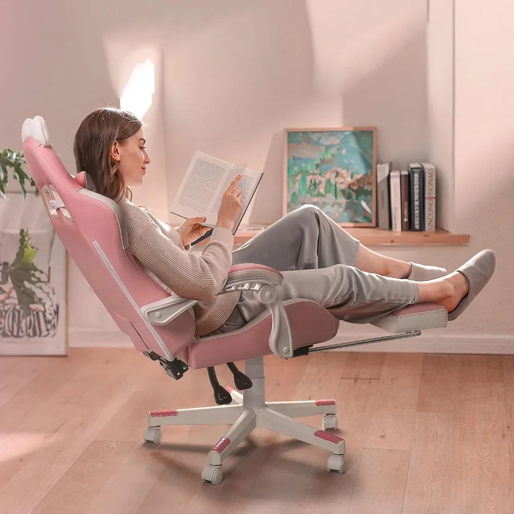 Gaming Chair Cute with Cat Ears and Cat Paw Lumbar Cushion, Ergonomic Computer Chair for Girl with Footrest and Headrest