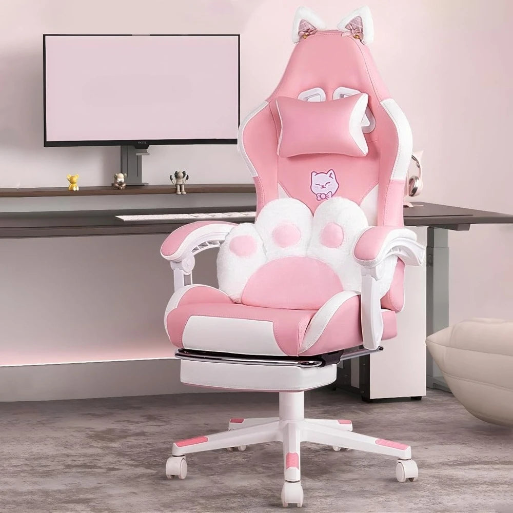 Gaming Chair Cute with Cat Ears and Cat Paw Lumbar Cushion, Ergonomic Computer Chair for Girl with Footrest and Headrest