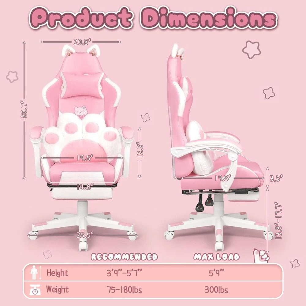 Gaming Chair Cute with Cat Ears and Cat Paw Lumbar Cushion, Ergonomic Computer Chair for Girl with Footrest and Headrest