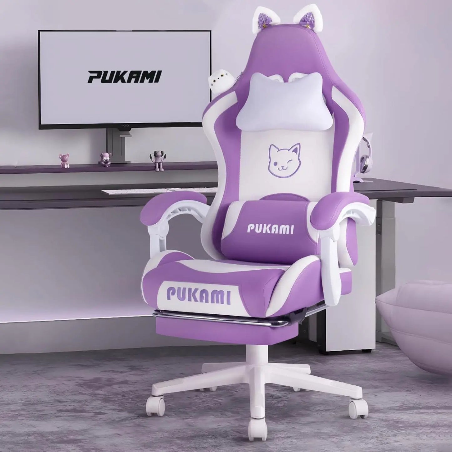 Gaming Chair Cute with Cat Ears and Cat Paw Lumbar Cushion, Ergonomic Computer Chair for Girl with Footrest and Headrest