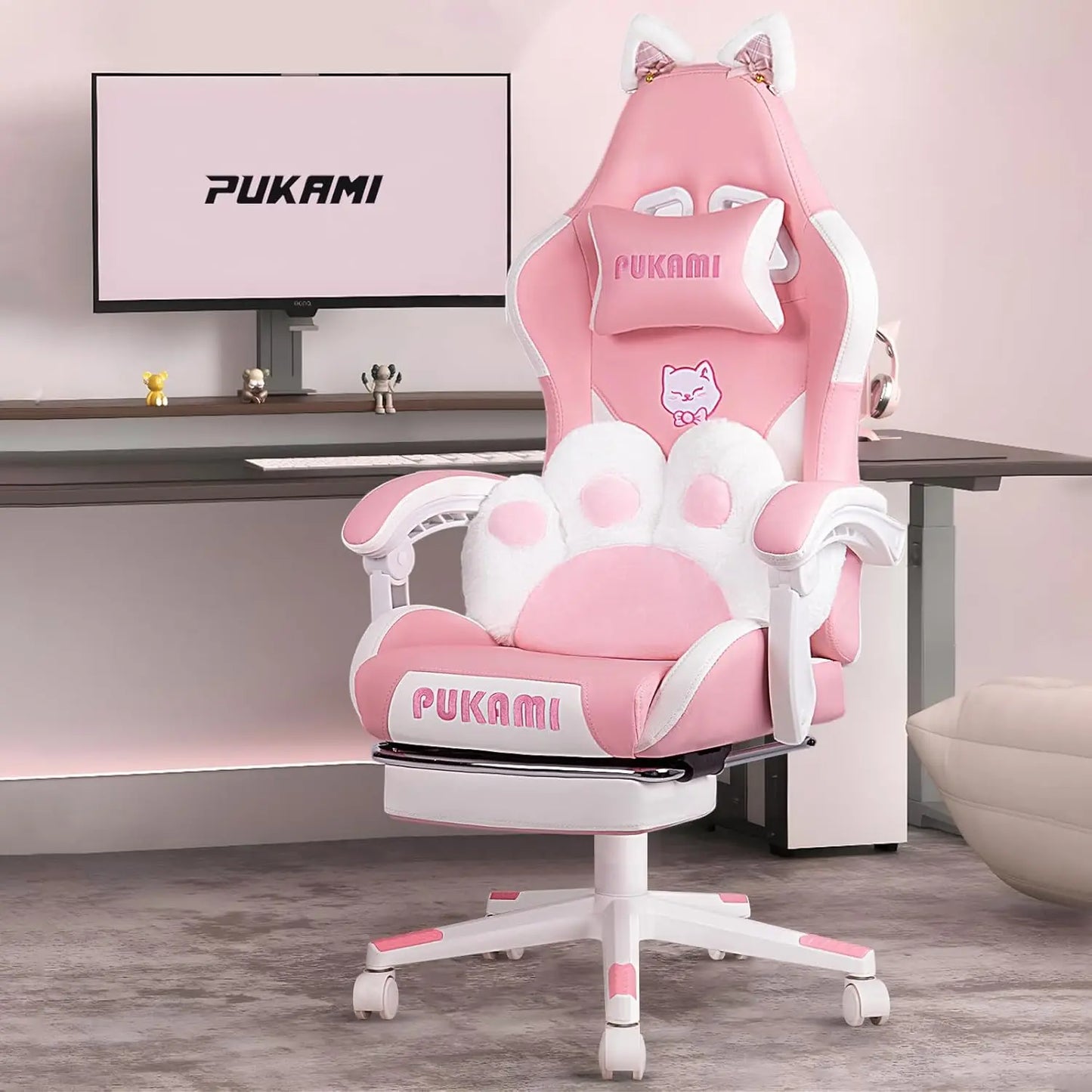 Gaming Chair Cute with Cat Ears and Cat Paw Lumbar Cushion, Ergonomic Computer Chair for Girl with Footrest and Headrest