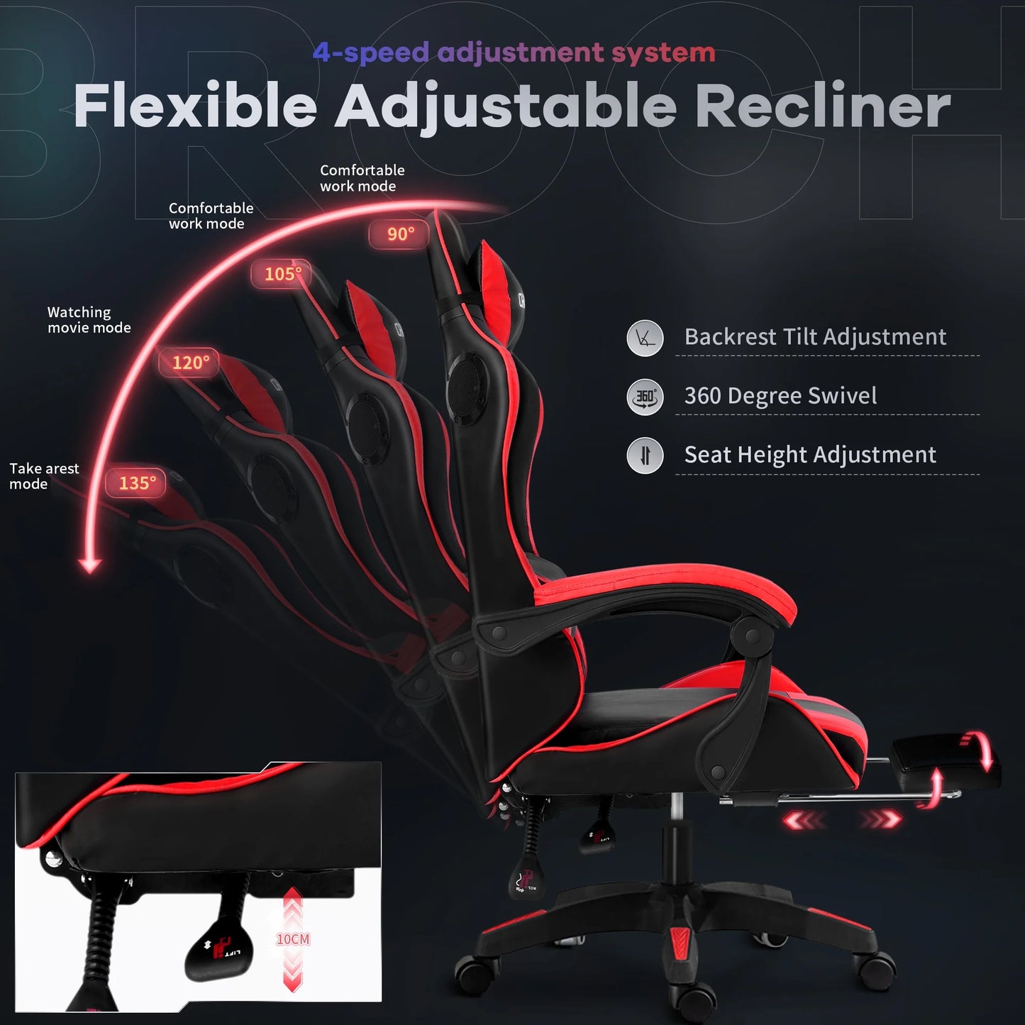 Gaming Chair, CHAHO Ergonomic Office Gaming Chair Computer Racing Chair with Footrest Lumbar Support Headrest and Bluetooth Speakers for Adults, Red
