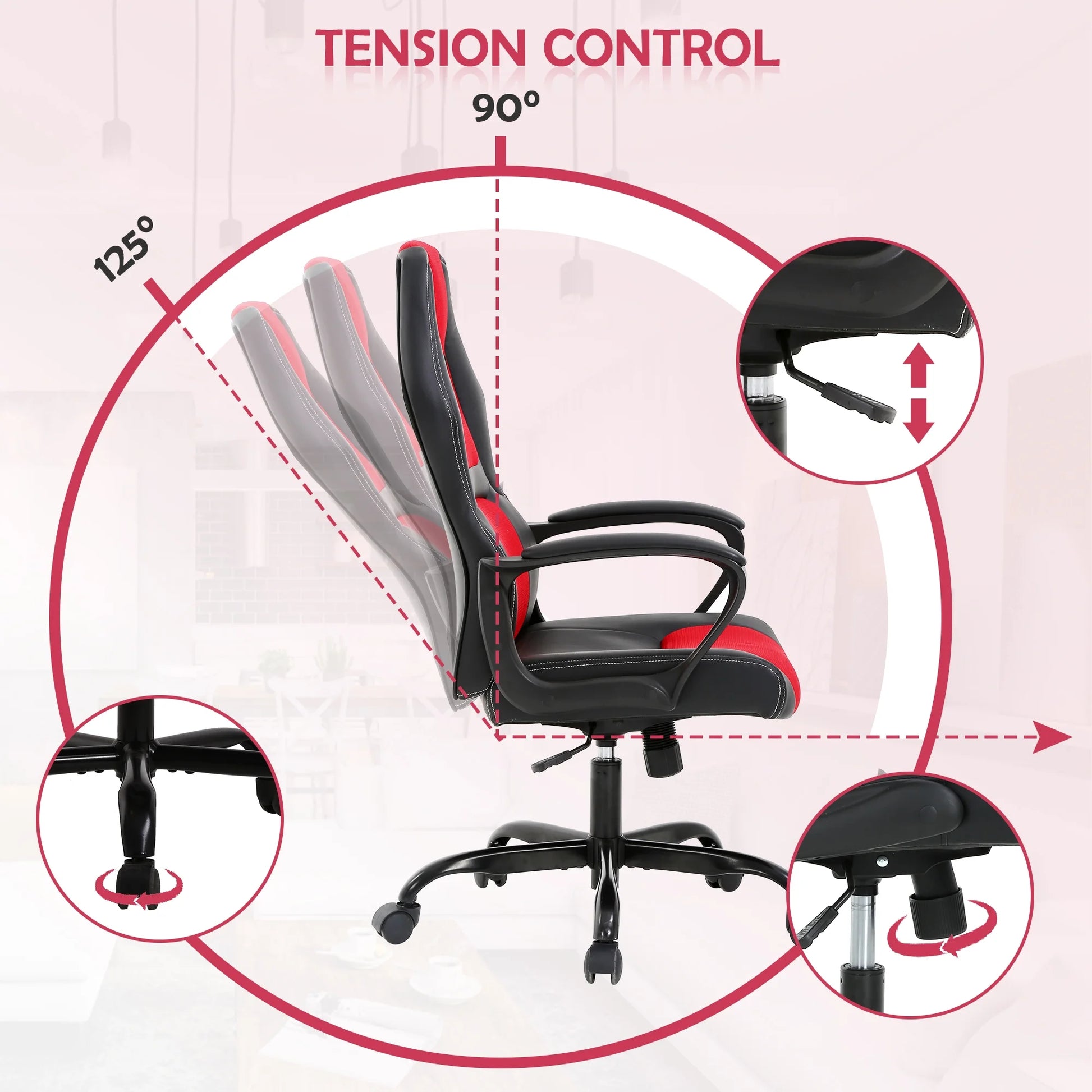 Gaming Chair PC Gaming Chair Gaming Chairs for Adults, Computer Chair PU Leather Office Desk Chair with Arms & Back Ergonomic High-Back Video Game Chair(Red）