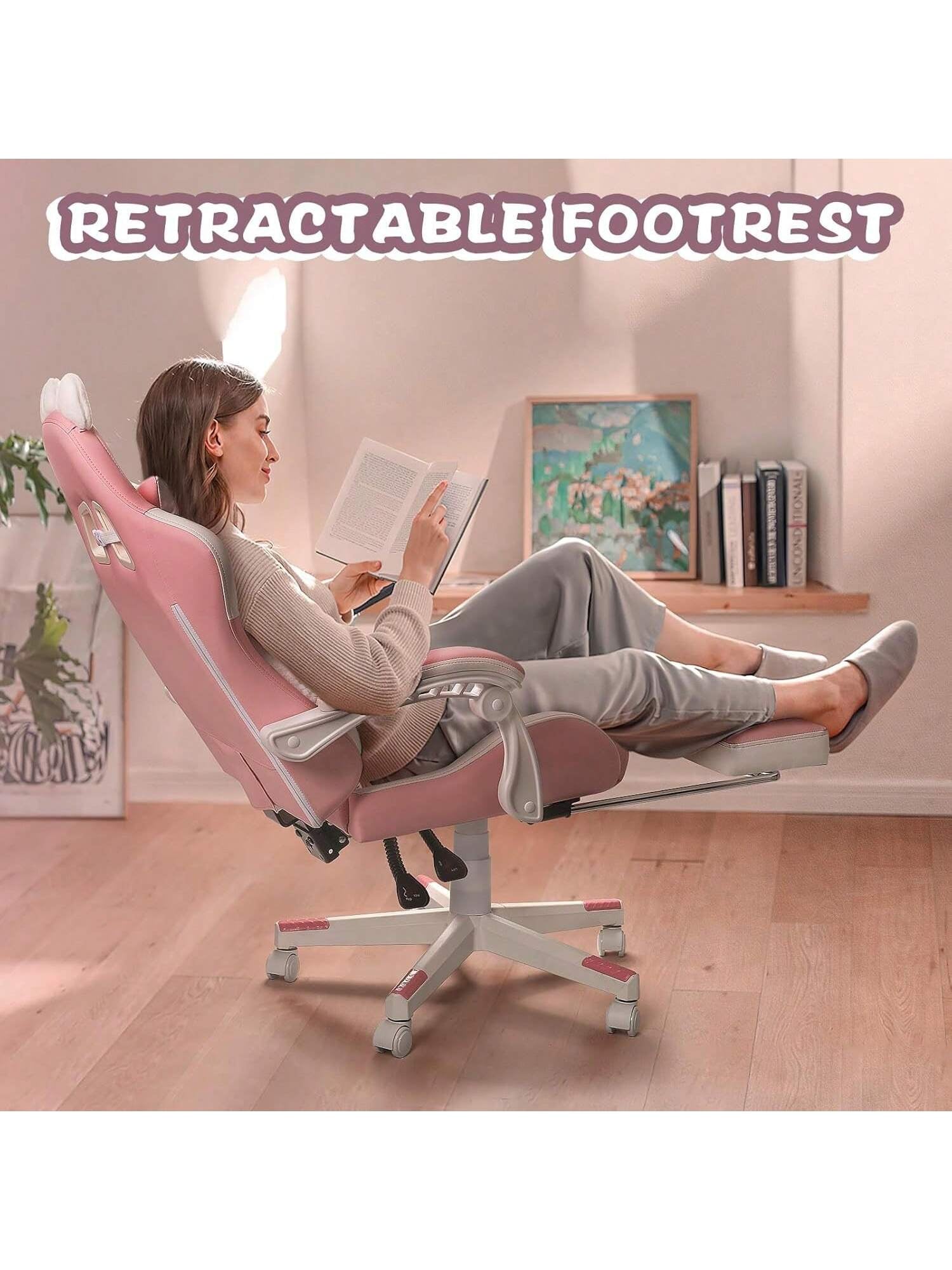 VITESSE Pink Gaming Chair | Cat Ears, Cat Paw Cushion Pillow, Footrest, Ergonomic, Kawaii, Reclining | Girl, Cute Video Gme Chair, Gift for Girls, Christmas Thanksgiving Cyber Monday Gift