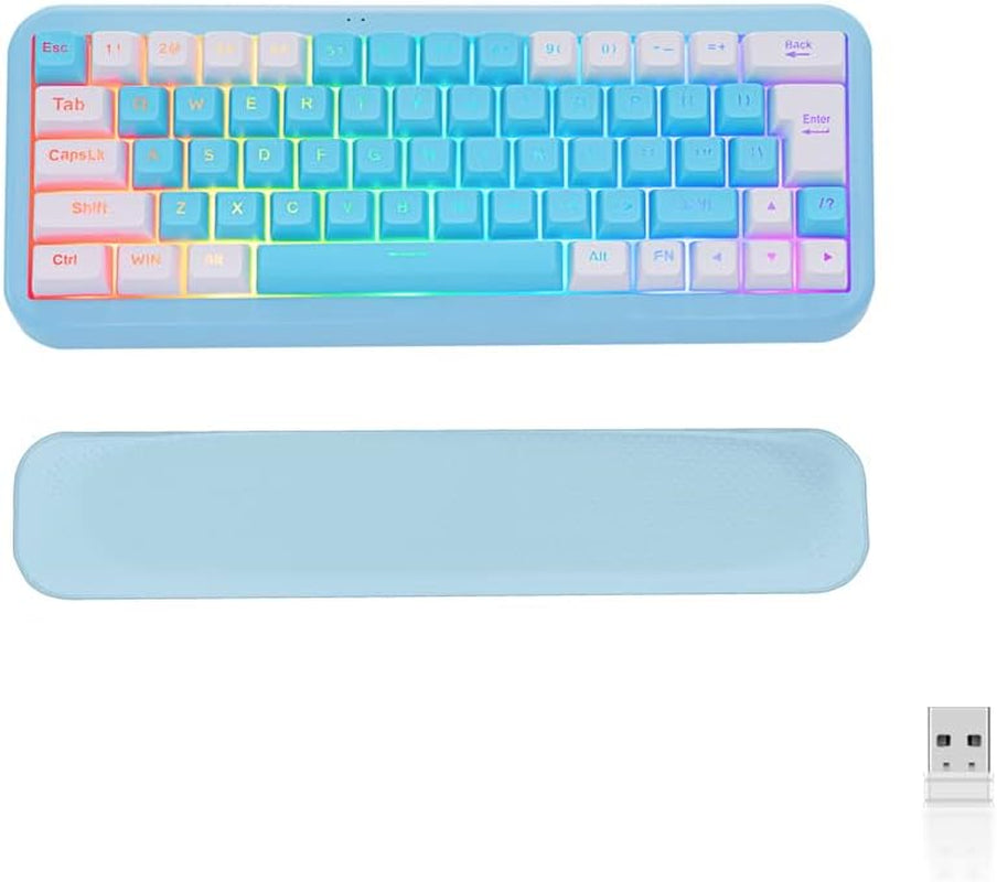7KEYS 60% 2.4G Wireless Gaming Keyboard with Wrist Rest, Compact 63 Keys Mini RGB Light up Keyboard for PC Mac Laptop, Portable, Rechargeable Quiet for Typing and Gaming (Blue&White)