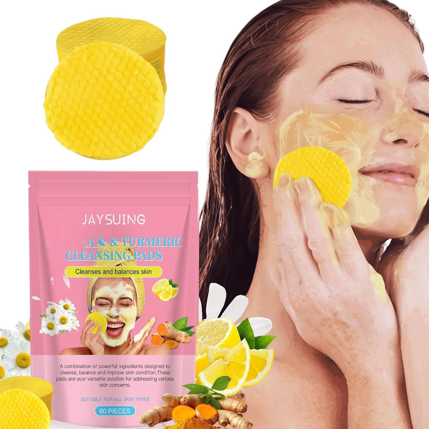 Turmeric Pads 60Pcs, Turmeric Face Scrub Pads, Turmeric Cleansing Pads, Cleansing Turmeric Pads Balance Skin Oil, Tumeric Pad Gentle Turmeric Exfoliating Cleansing Pads, Daily Face Pads Turmeric