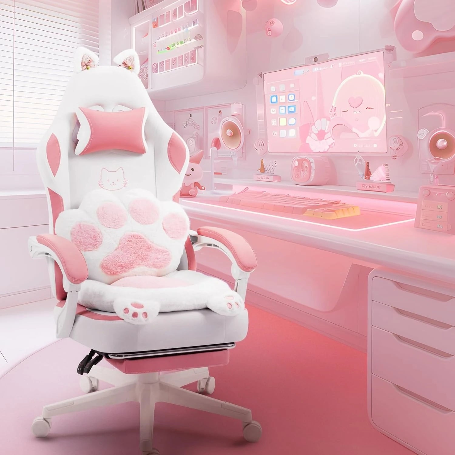 Gaming Chair Cute with Cat Ears Paw Lumbar and Cushion,Ergonomic Computer Chair with Footrest,Reclining PC Game Chair for Girl