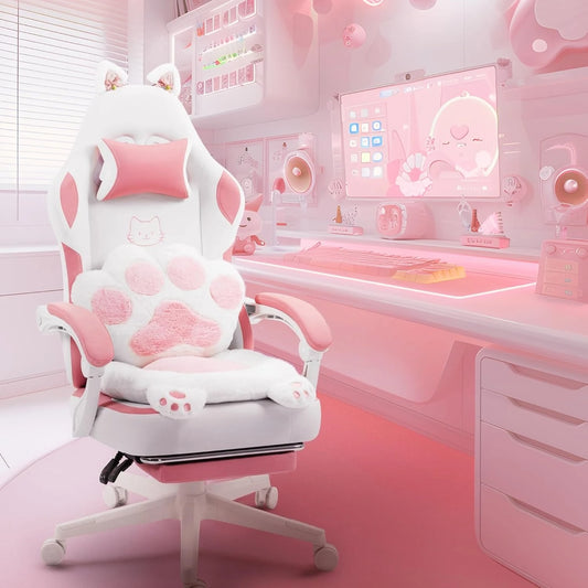 Gaming Chair Cute with Cat Ears Paw Lumbar and Cushion,Ergonomic Computer Chair with Footrest,Reclining PC Game Chair for Girl