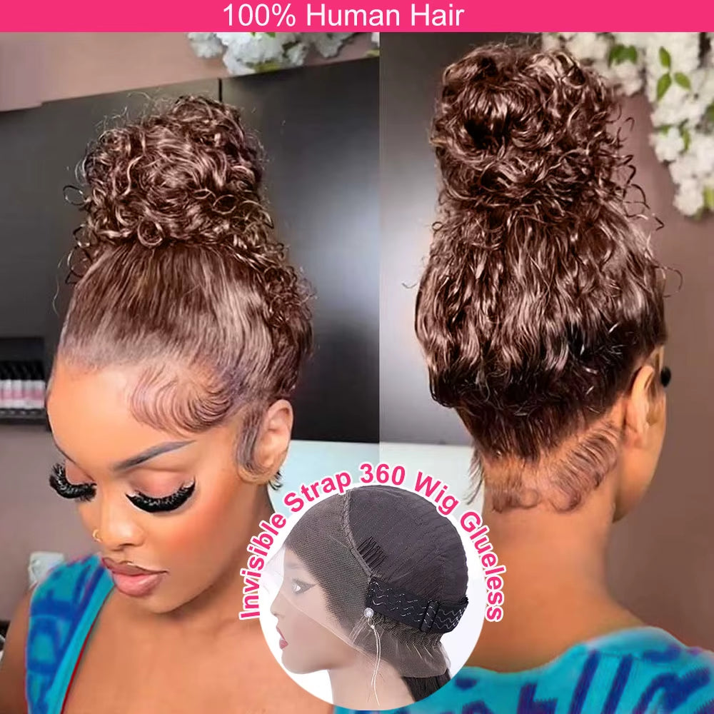 250 Density Invisi Strap 360 Full Lace Glueless Wig Chocolate Brown Water Wave Lace Front Wig Deep Wave Frontal Wig Human Hair