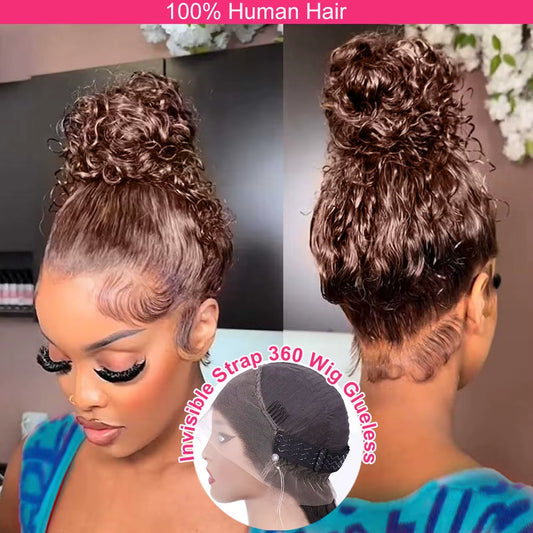 250 Density Invisi Strap 360 Full Lace Glueless Wig Chocolate Brown Water Wave Lace Front Wig Deep Wave Frontal Wig Human Hair